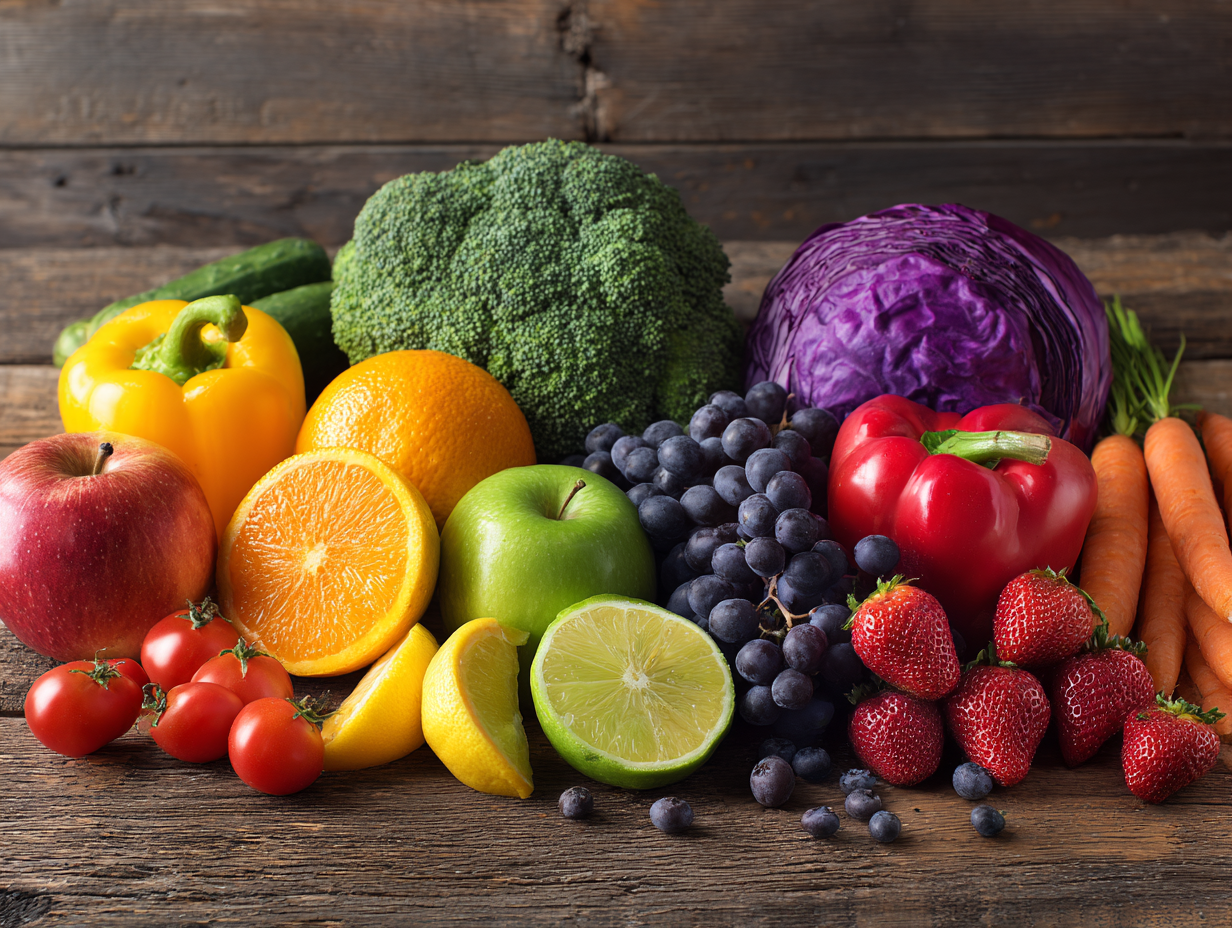 Кольорові овочі та фрукти для збалансованого харчування